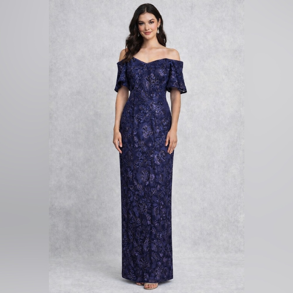 Adrianna Papell Navy Floral Sequin Off Shoulder Gown SZ 6 NWT Formal Evening MOB